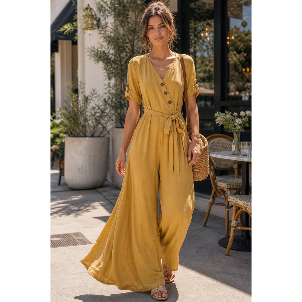 Wide Leg Jumpsuit Tie Waist Diagonal Button Flowy Rayon Casual Chic S Yellow